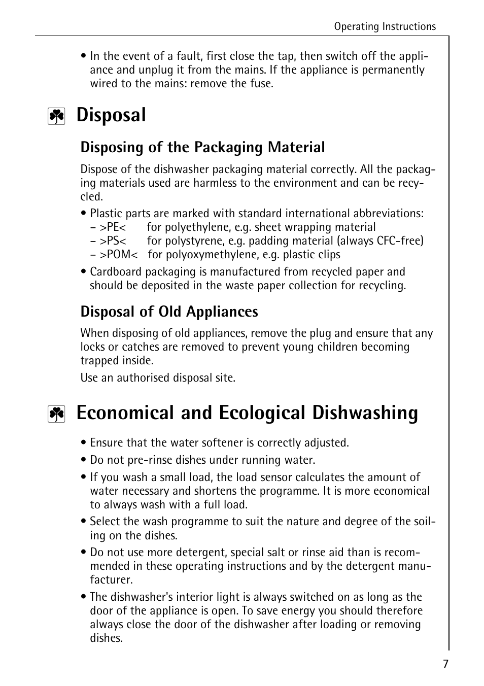 Disposal, Economical and ecological dishwashing, Disposing of the packaging material | Disposal of old appliances | Electrolux 80860 i User Manual | Page 7 / 44