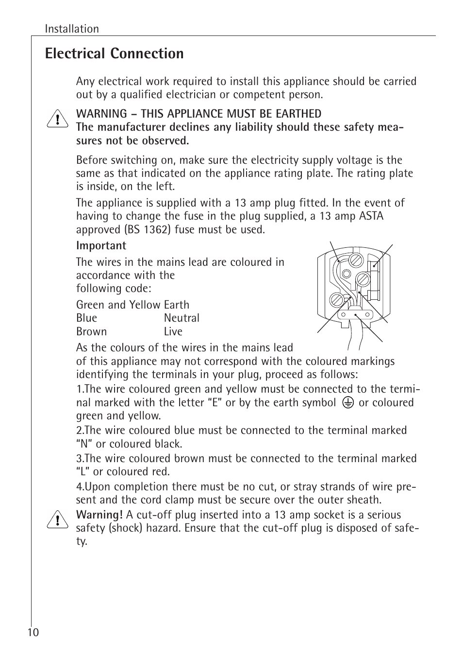 Electrical connection, 10 installation | Electrolux 70128 GS User Manual | Page 10 / 28