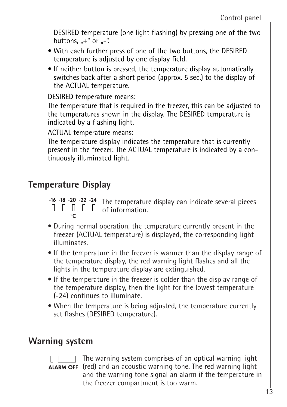 Temperature display, Warning system | Electrolux 70128 GS User Manual | Page 13 / 28