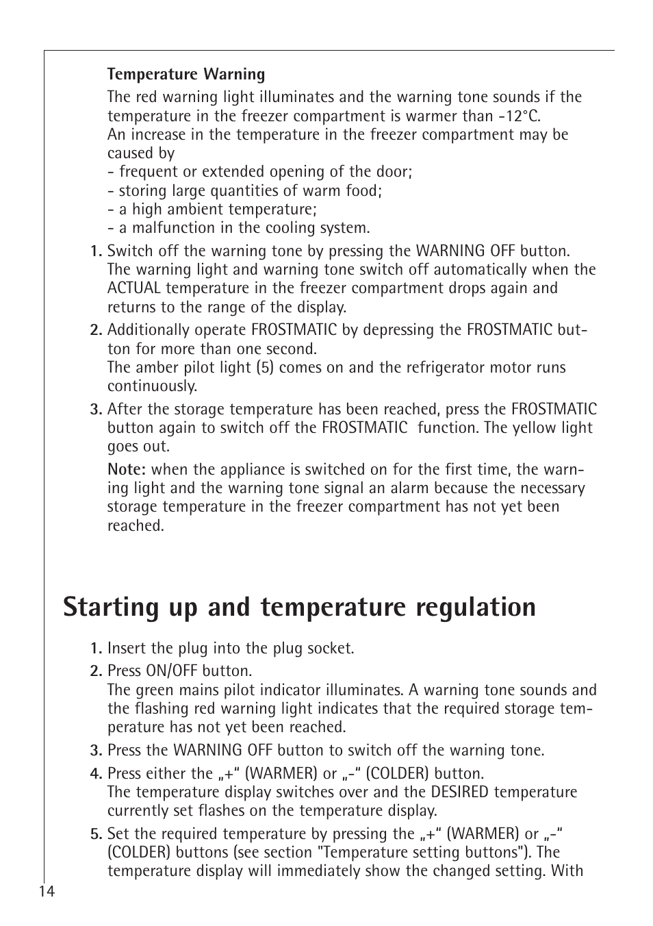 Starting up and temperature regulation | Electrolux 70128 GS User Manual | Page 14 / 28