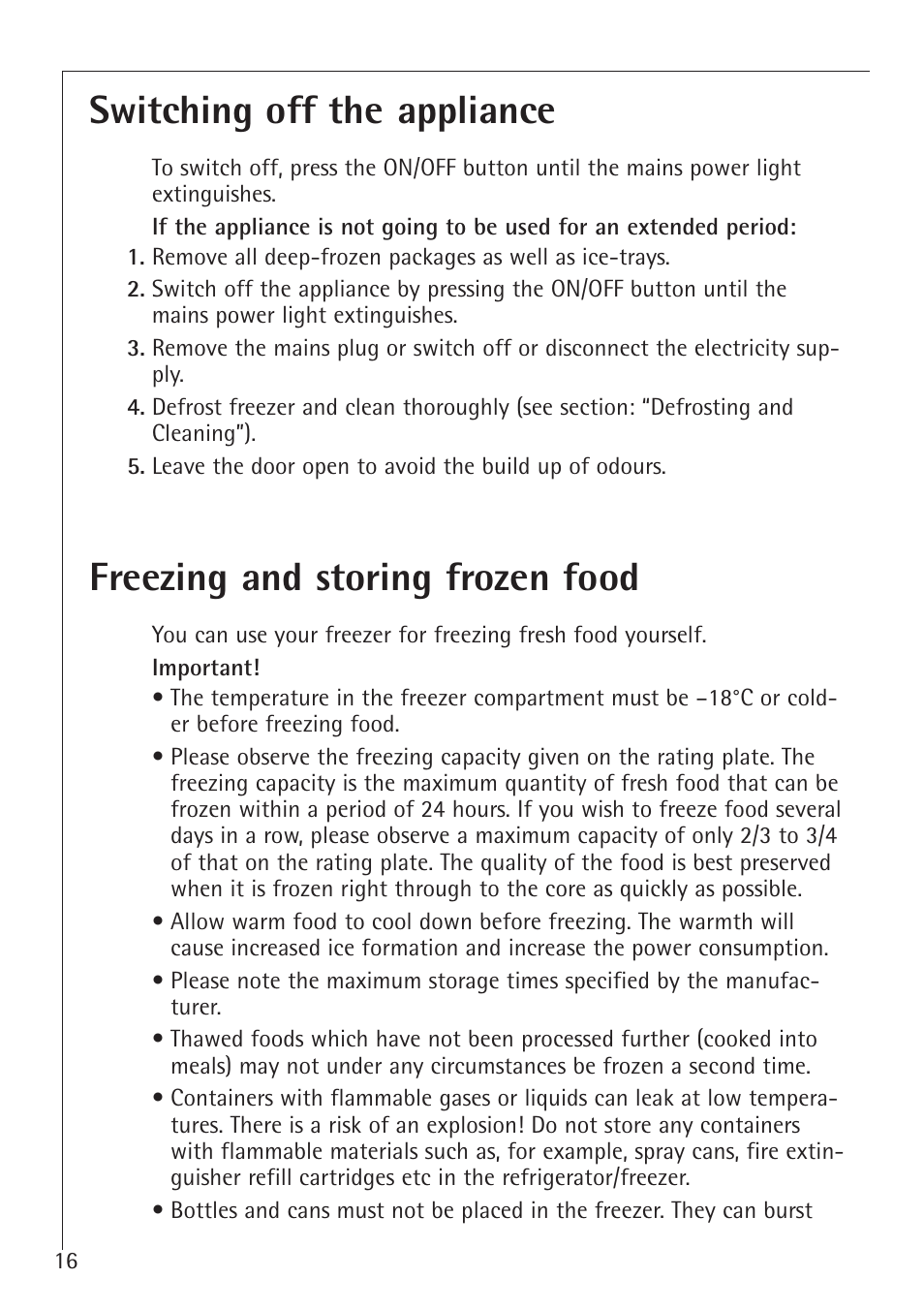 Freezing and storing frozen food, Switching off the appliance | Electrolux 70128 GS User Manual | Page 16 / 28