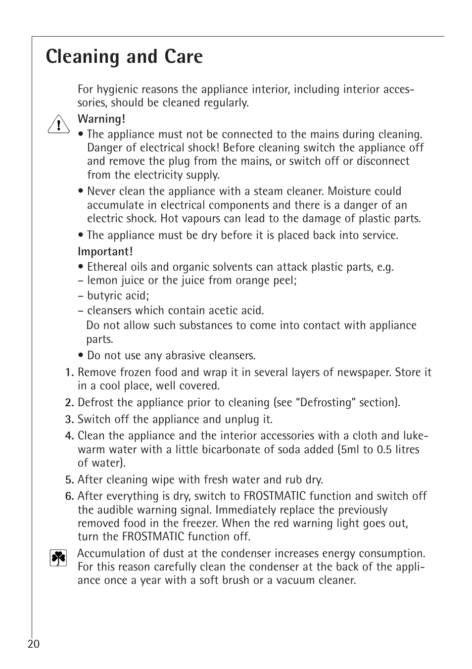 Cleaning and care | Electrolux 70128 GS User Manual | Page 20 / 28