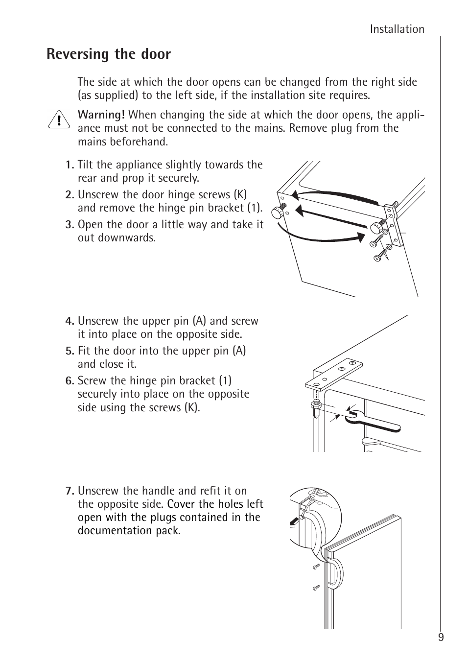 Reversing the door | Electrolux 70128 GS User Manual | Page 9 / 28