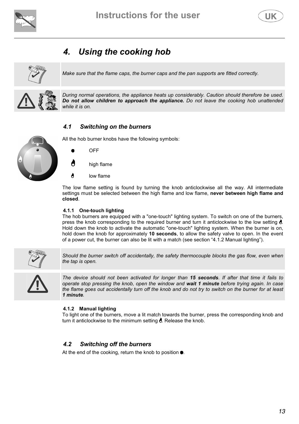 Instructions for the user, Using the cooking hob | Electrolux C41022GN User Manual | Page 13 / 36