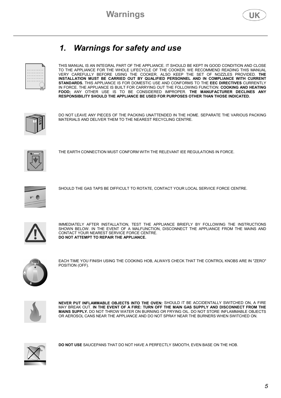 Warnings, Warnings for safety and use | Electrolux C41022GN User Manual | Page 5 / 36