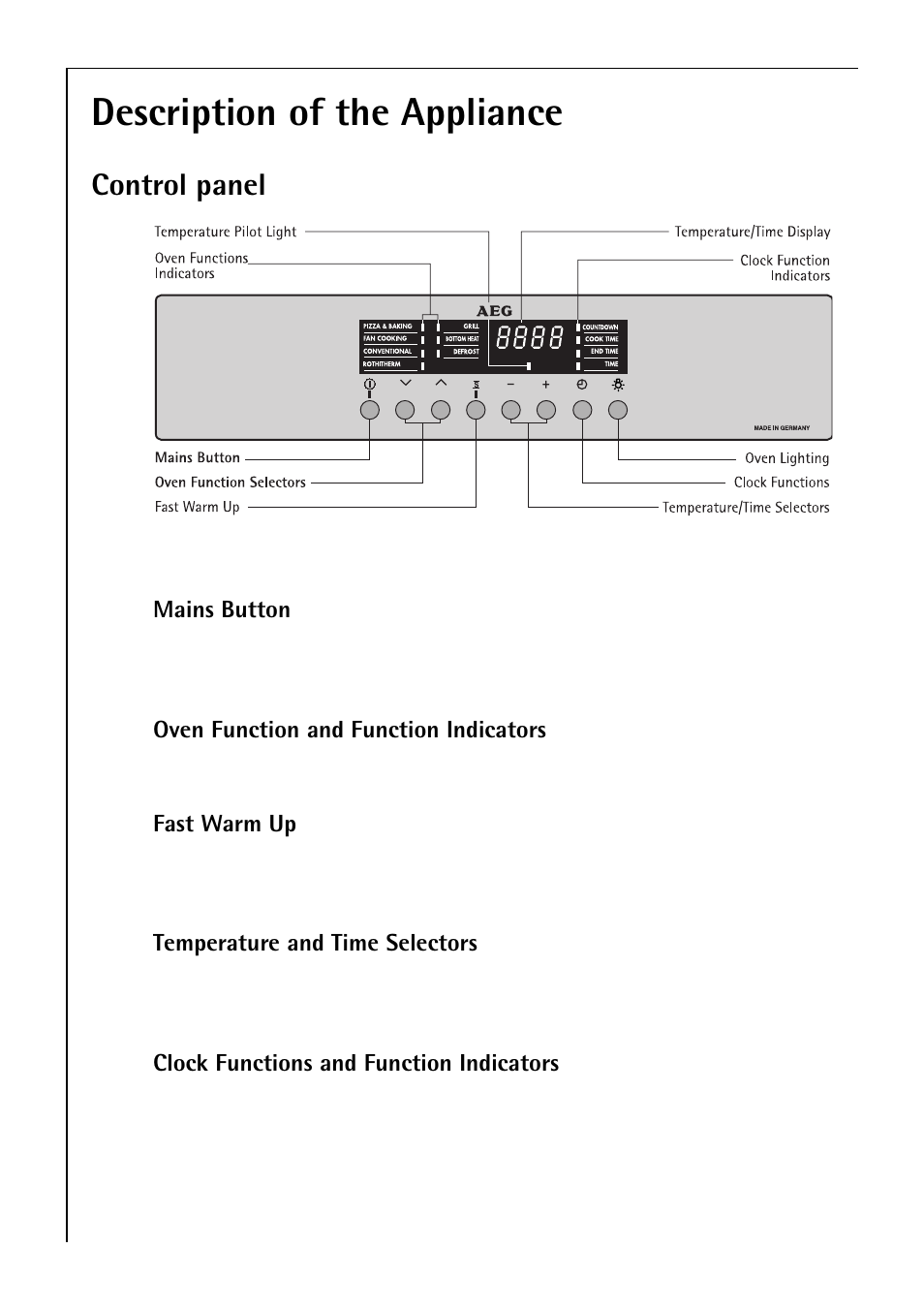 Description of the appliance, Control panel | Electrolux B 81005 User Manual | Page 10 / 76