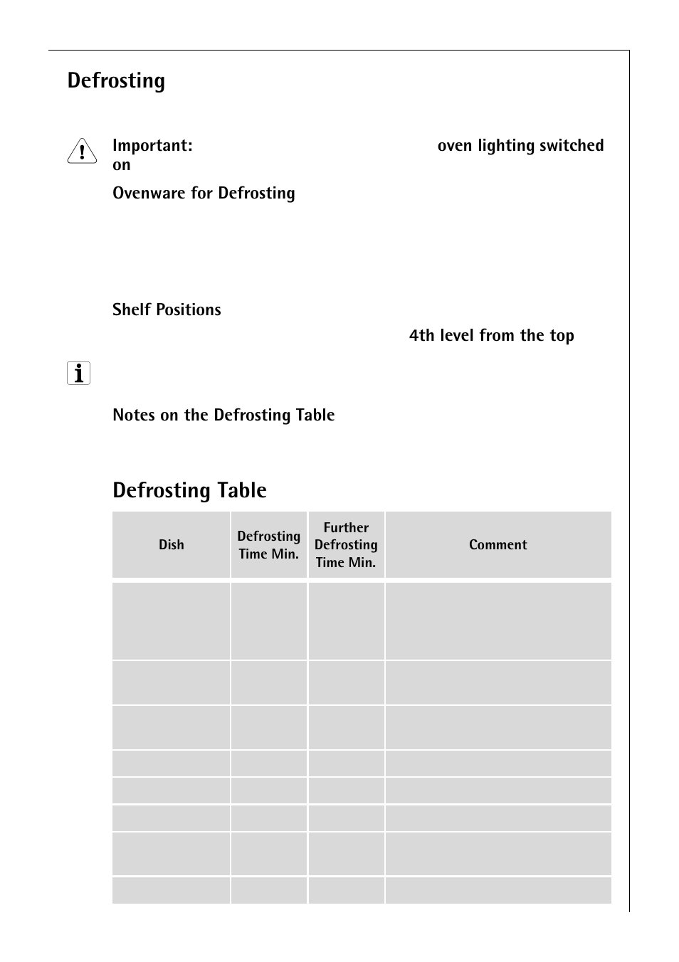 Defrosting, Defrosting table | Electrolux B 81005 User Manual | Page 47 / 76