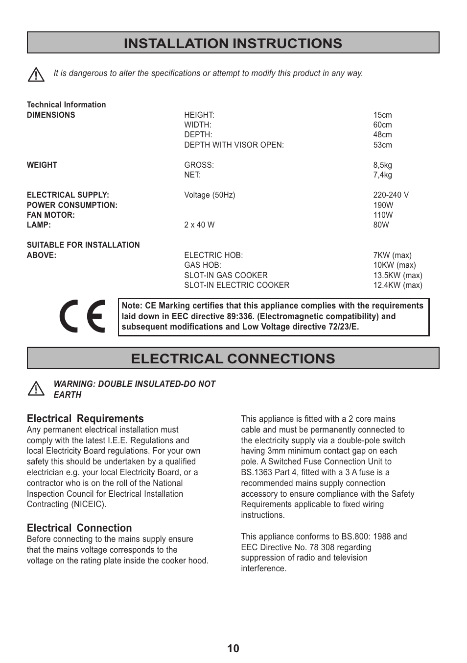 Installation instructions, Electrical connections, Electrical requirements | Electrical connection | Electrolux Ventilation Hood User Manual | Page 10 / 20