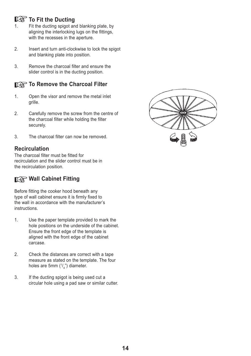 14 to fit the ducting, Recirculation, Wall cabinet fitting | Electrolux Ventilation Hood User Manual | Page 14 / 20