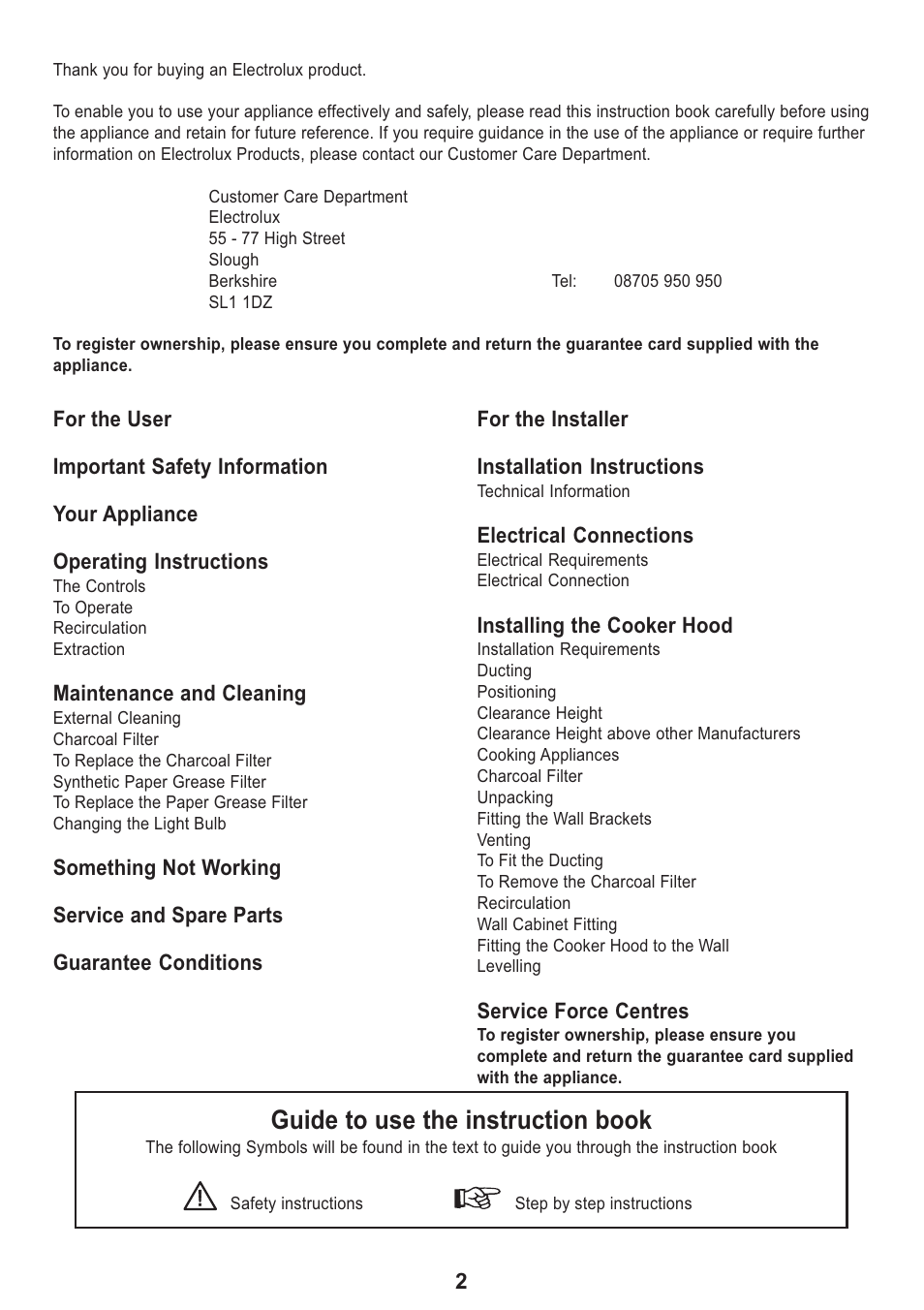 Guide to use the instruction book | Electrolux Ventilation Hood User Manual | Page 2 / 20