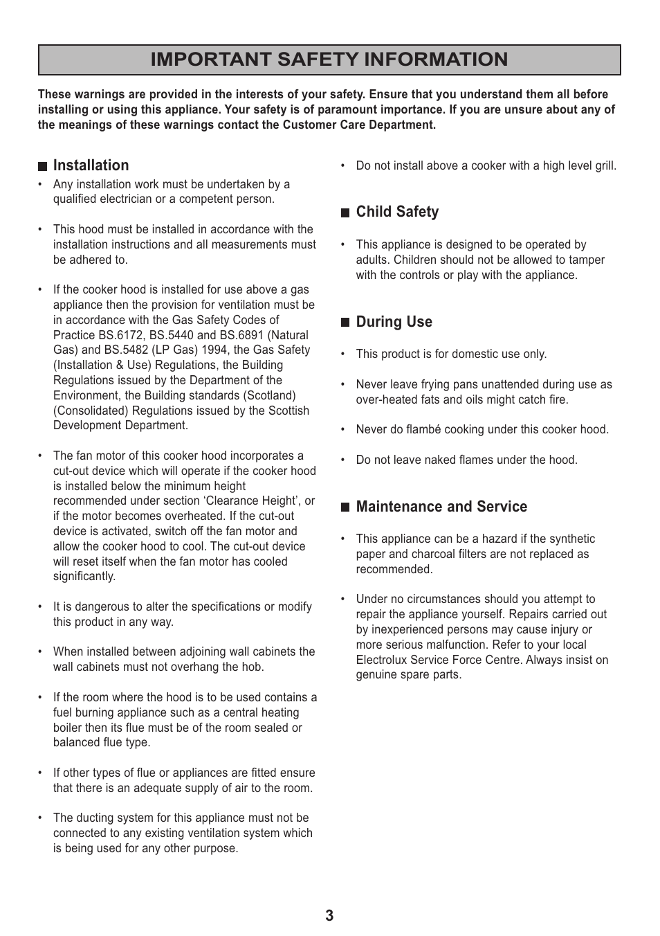 Important safety information | Electrolux Ventilation Hood User Manual | Page 3 / 20
