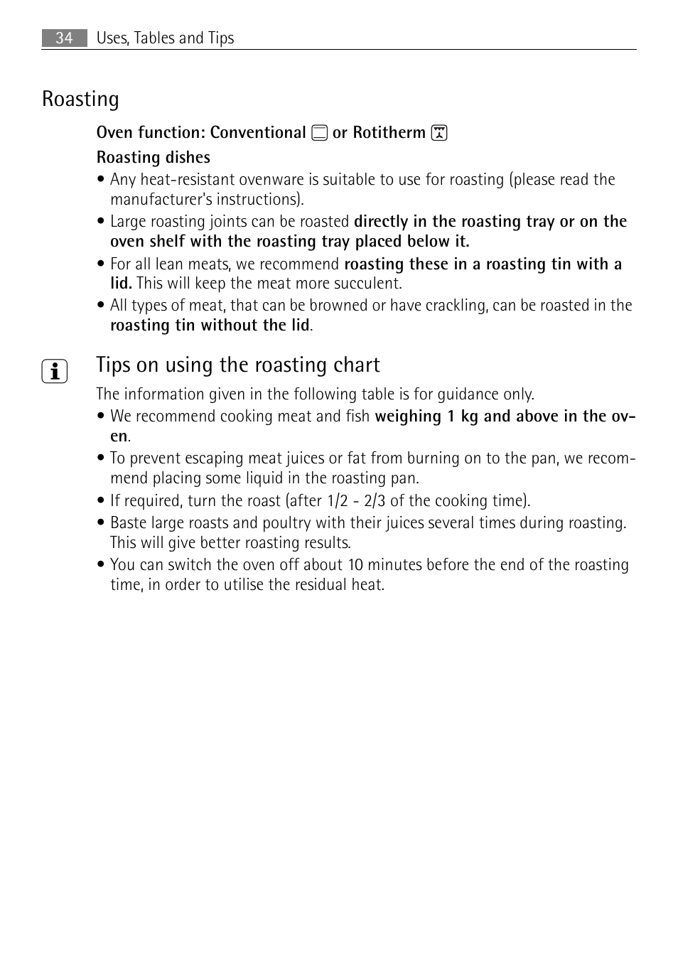 Roasting, Tips on using the roasting chart | Electrolux E4401-5 User Manual | Page 34 / 64