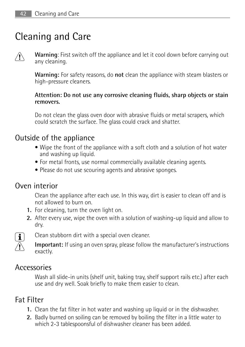 Cleaning and care 1, Outside of the appliance, Oven interior | Accessories, Fat filter | Electrolux E4401-5 User Manual | Page 42 / 64