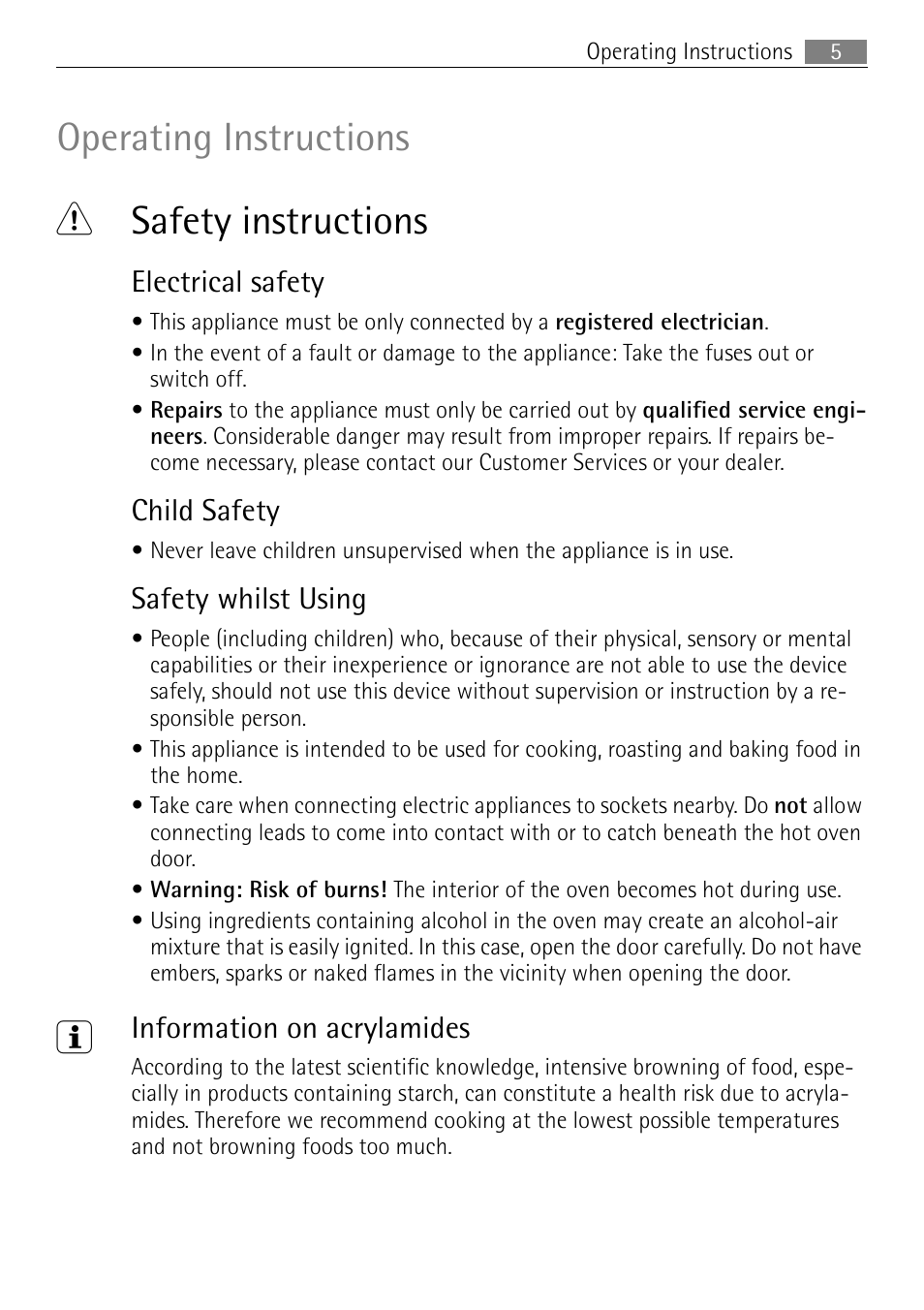 Operating instructions 1 safety instructions, Electrical safety, Child safety | Safety whilst using, Information on acrylamides | Electrolux E4401-5 User Manual | Page 5 / 64