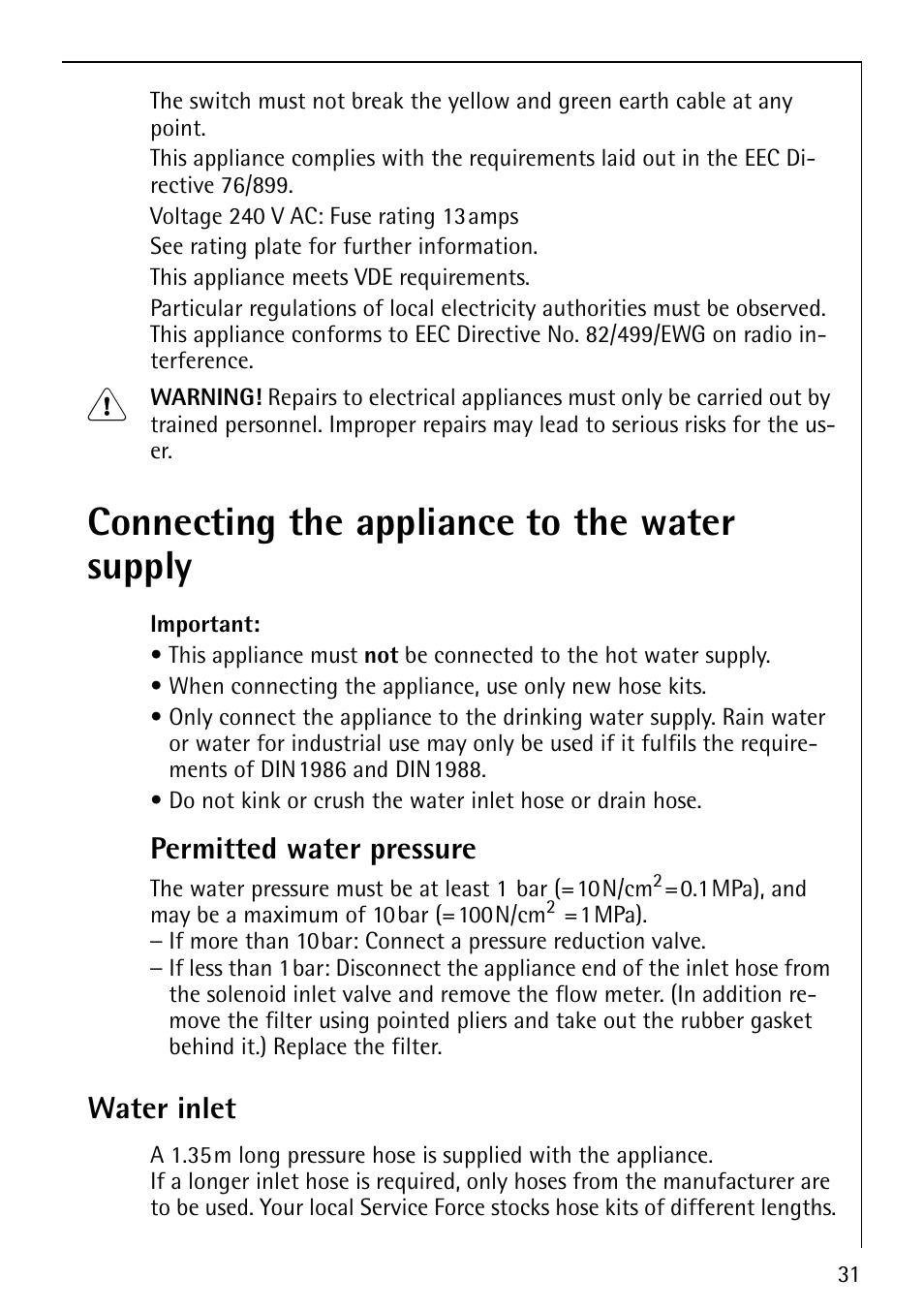 Connecting the appliance to the water supply, Permitted water pressure, Water inlet | Electrolux LAVAMAT 74700 User Manual | Page 31 / 36