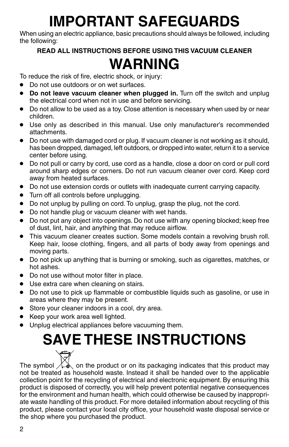 Important safeguards, Warning, Save these instructions | Electrolux Z161 Series User Manual | Page 2 / 8