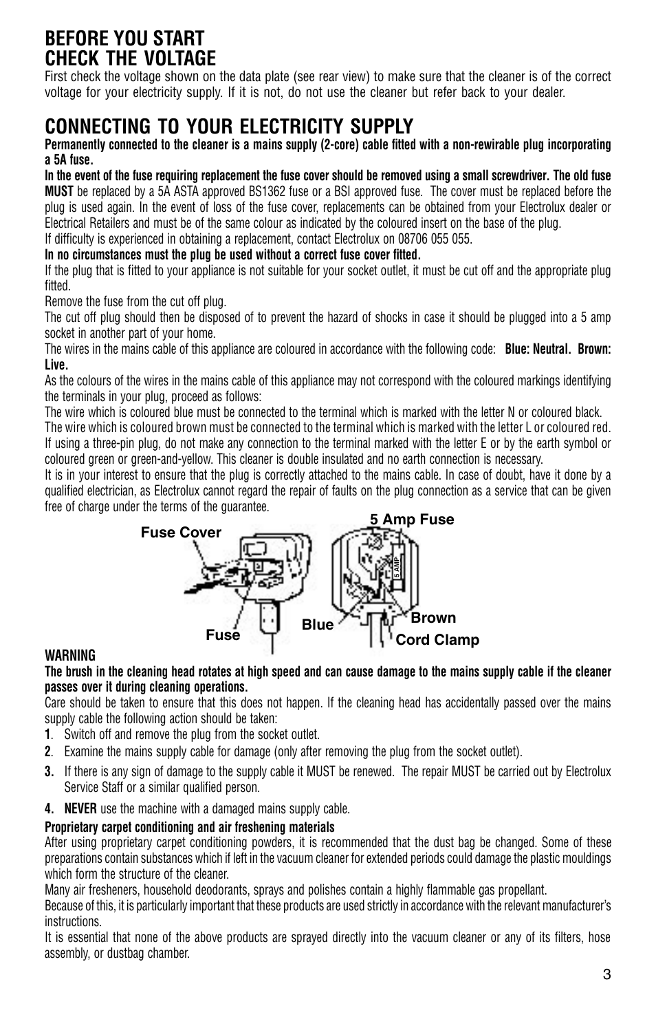 Before you start check the voltage, Connecting to your electricity supply | Electrolux Z161 Series User Manual | Page 3 / 8