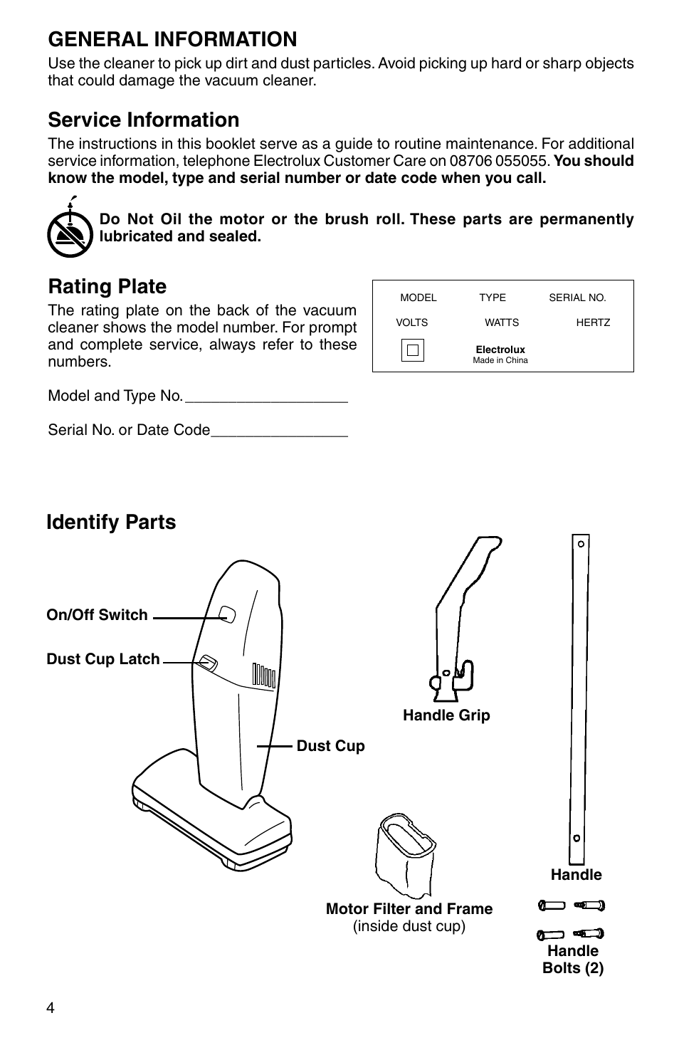 General information, Service information, Rating plate | Identify parts | Electrolux Z161 Series User Manual | Page 4 / 8