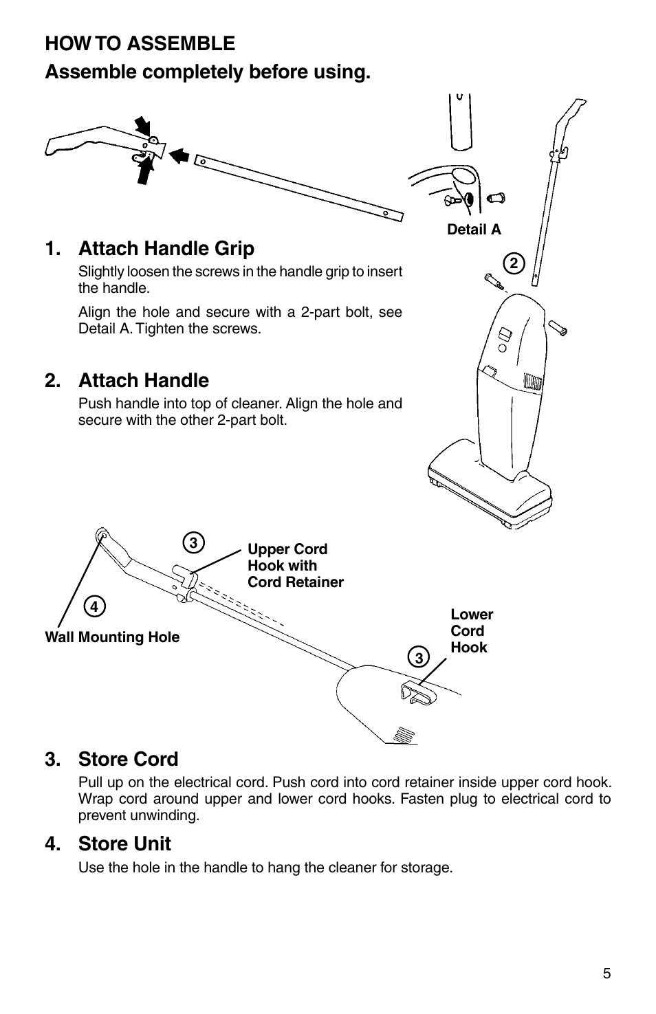 Store cord, Store unit, Attach handle | Electrolux Z161 Series User Manual | Page 5 / 8