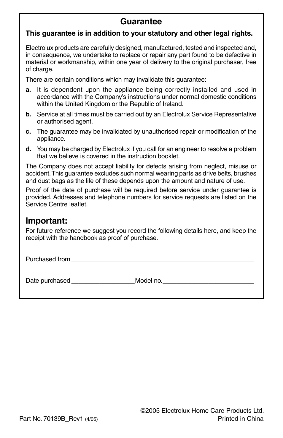 Guarantee, Important | Electrolux Z161 Series User Manual | Page 8 / 8