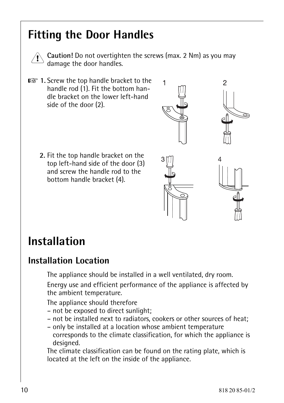 Fitting the door handles, Installation, Installation location | Electrolux 818 20 85 User Manual | Page 10 / 44