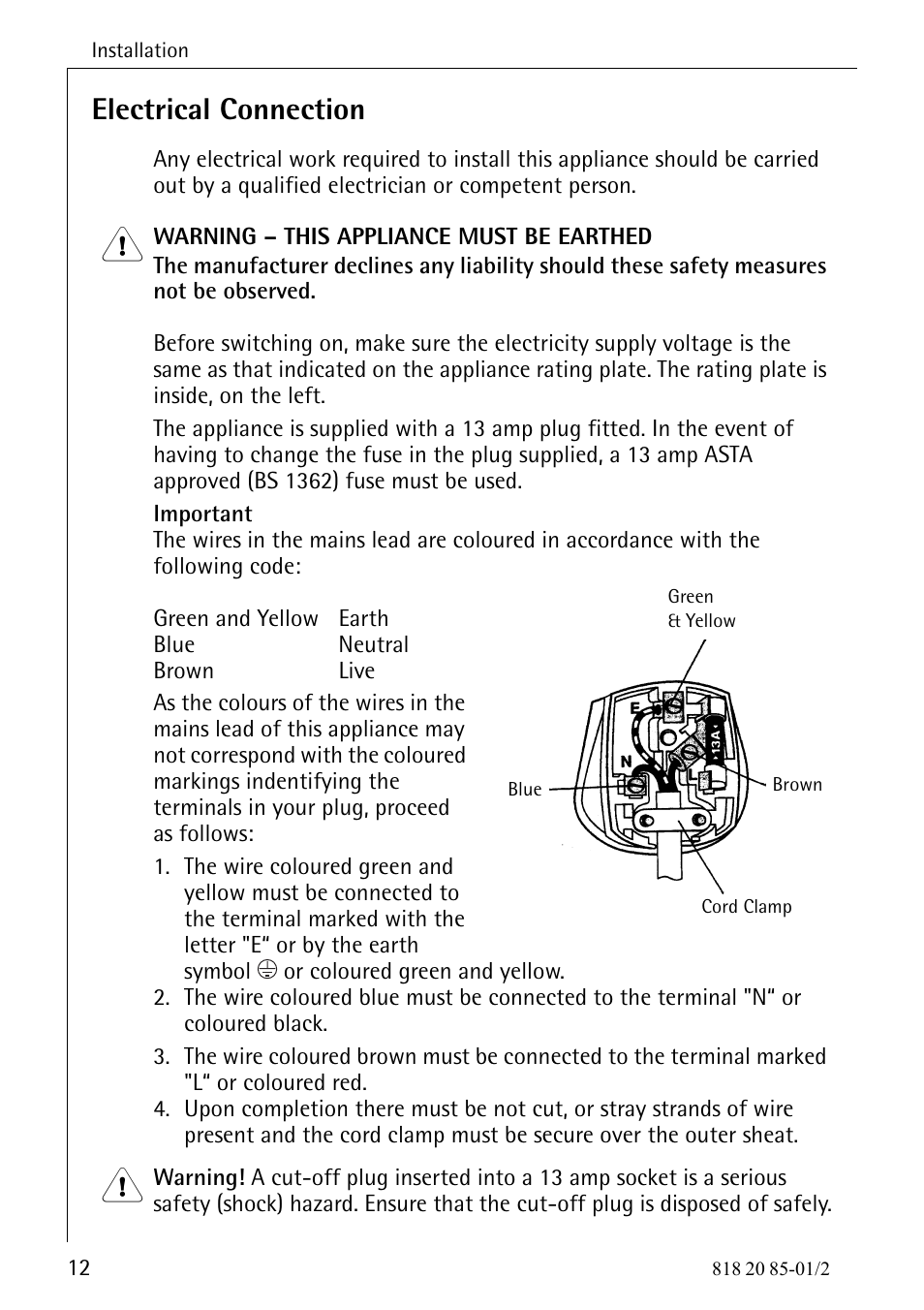 Electrical connection | Electrolux 818 20 85 User Manual | Page 12 / 44