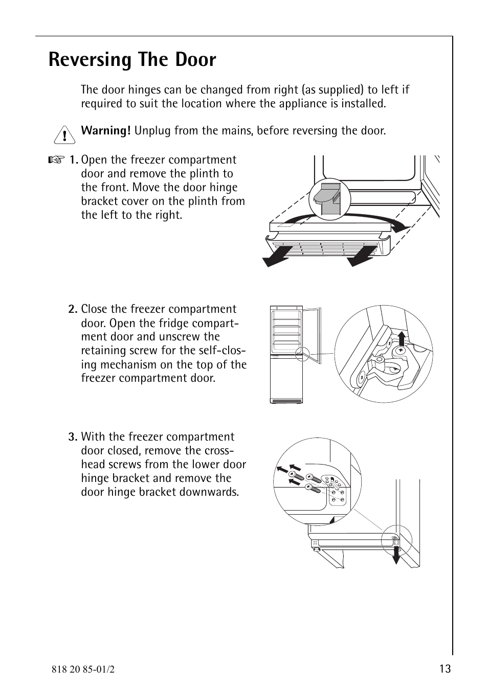 Reversing the door | Electrolux 818 20 85 User Manual | Page 13 / 44