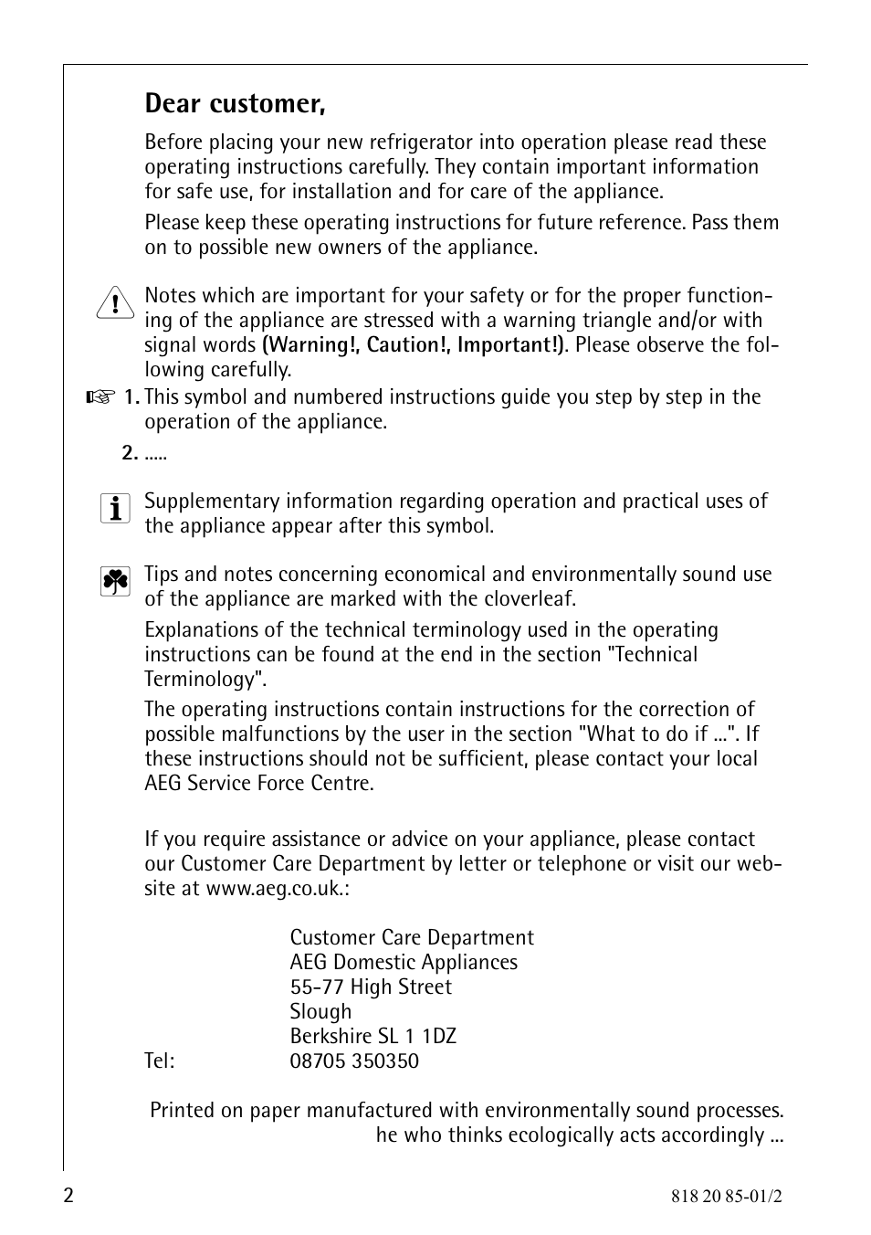 Dear customer | Electrolux 818 20 85 User Manual | Page 2 / 44