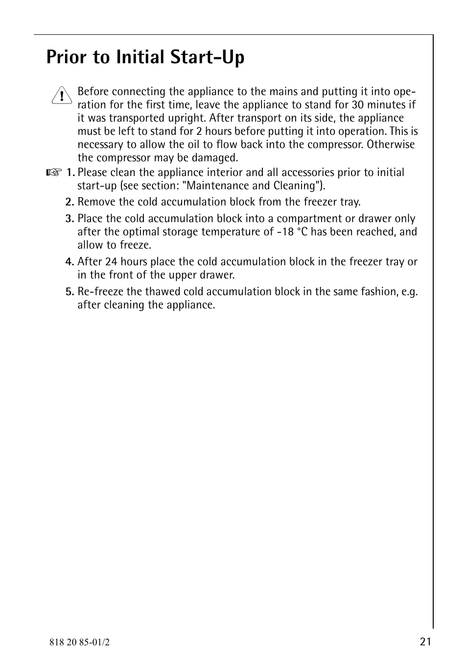 Prior to initial start-up | Electrolux 818 20 85 User Manual | Page 21 / 44
