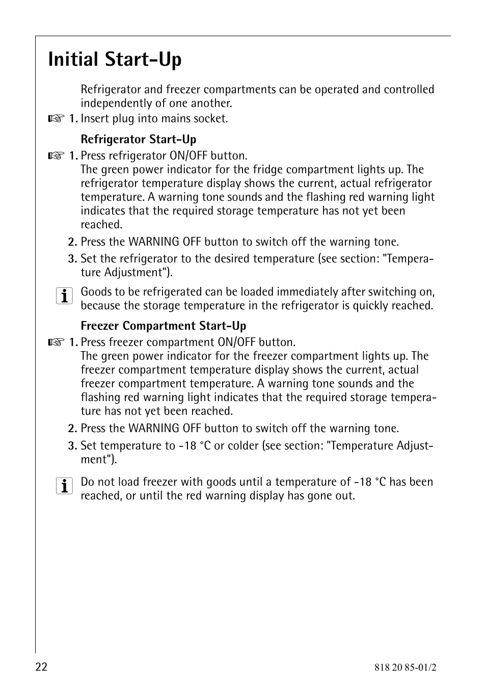 Initial start-up | Electrolux 818 20 85 User Manual | Page 22 / 44