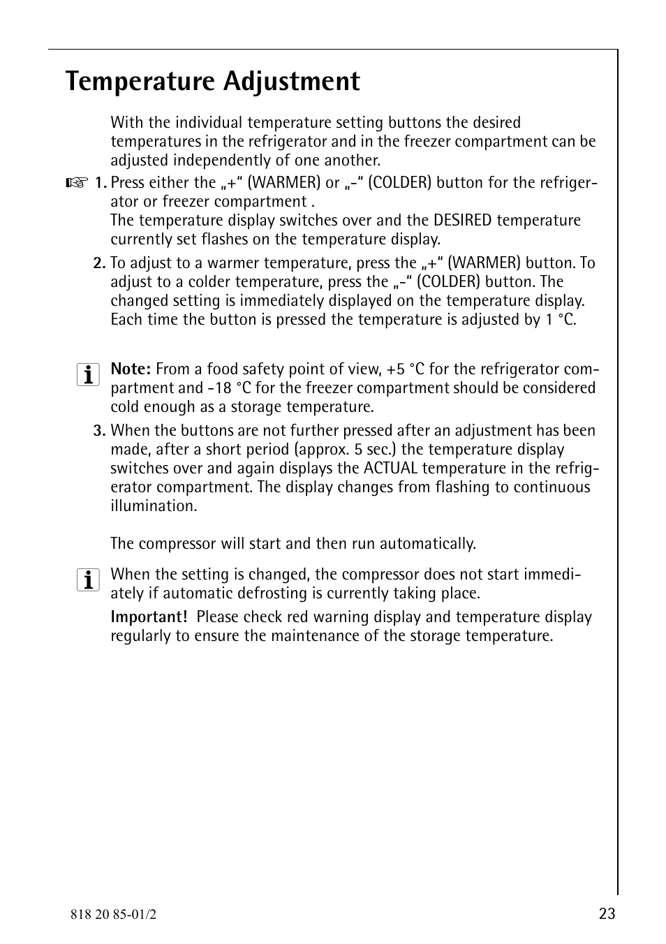 Temperature adjustment | Electrolux 818 20 85 User Manual | Page 23 / 44