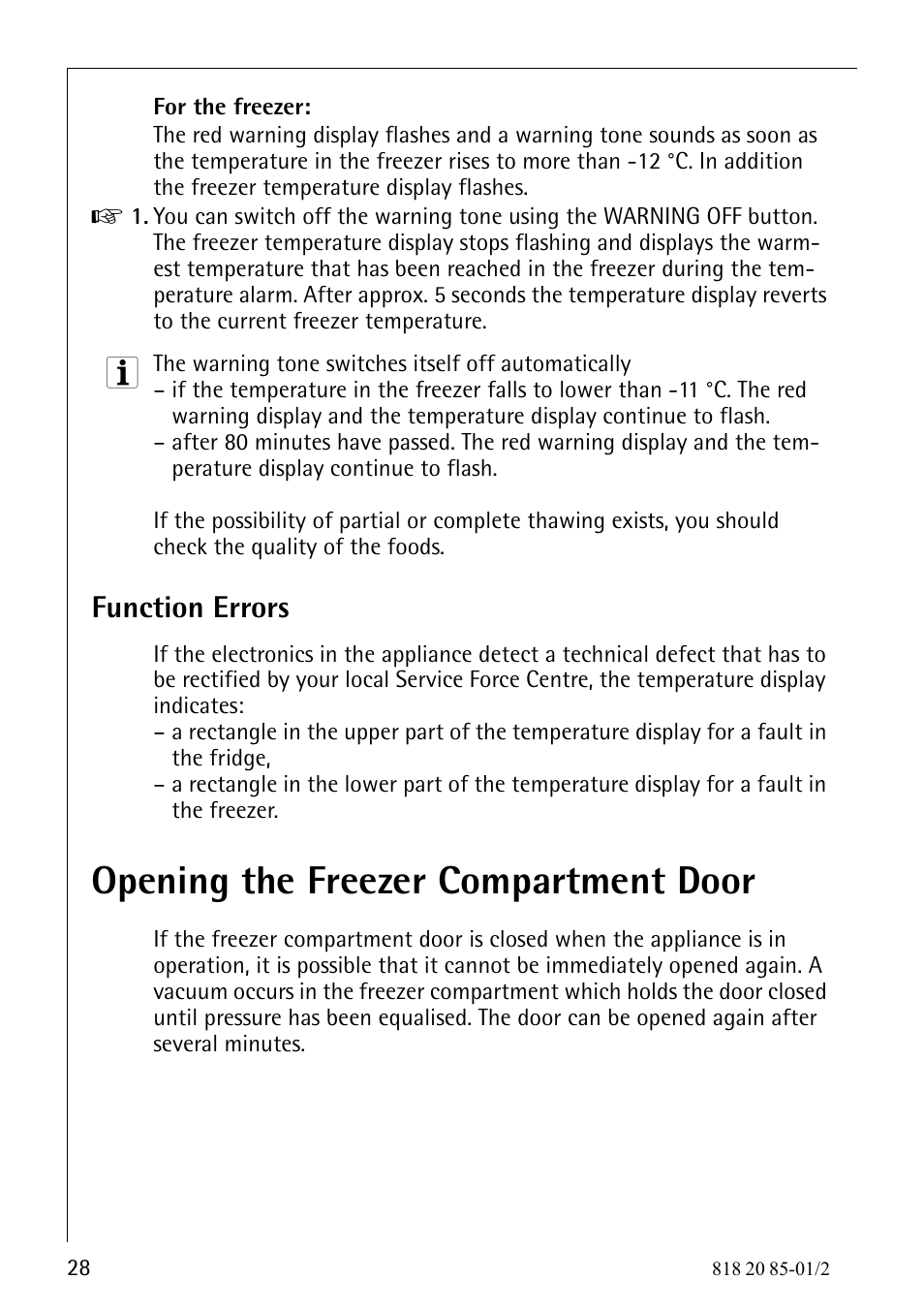 Opening the freezer compartment door, Function errors | Electrolux 818 20 85 User Manual | Page 28 / 44