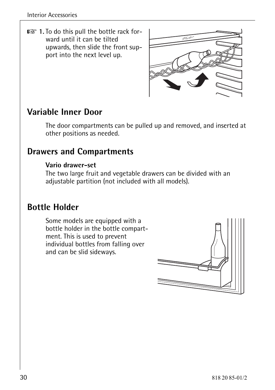 Variable inner door, Drawers and compartments, Bottle holder | Electrolux 818 20 85 User Manual | Page 30 / 44