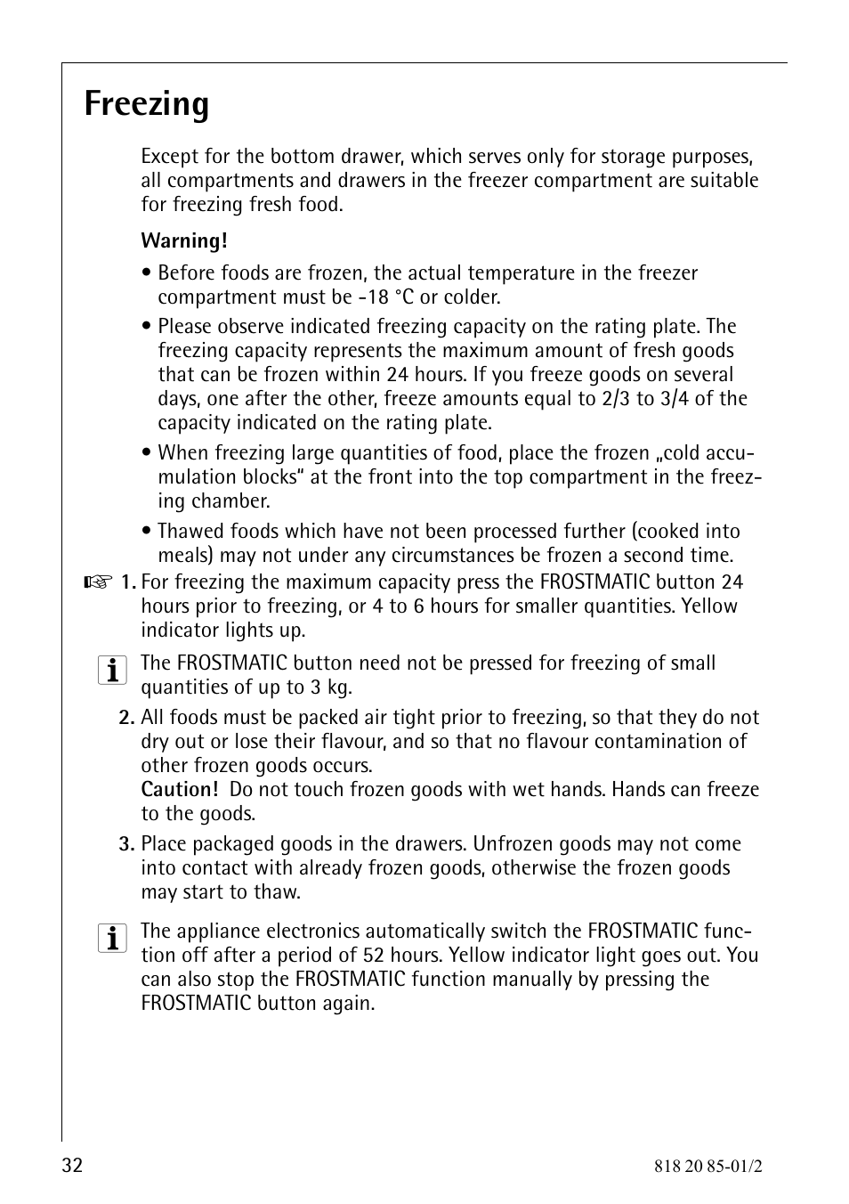 Freezing | Electrolux 818 20 85 User Manual | Page 32 / 44