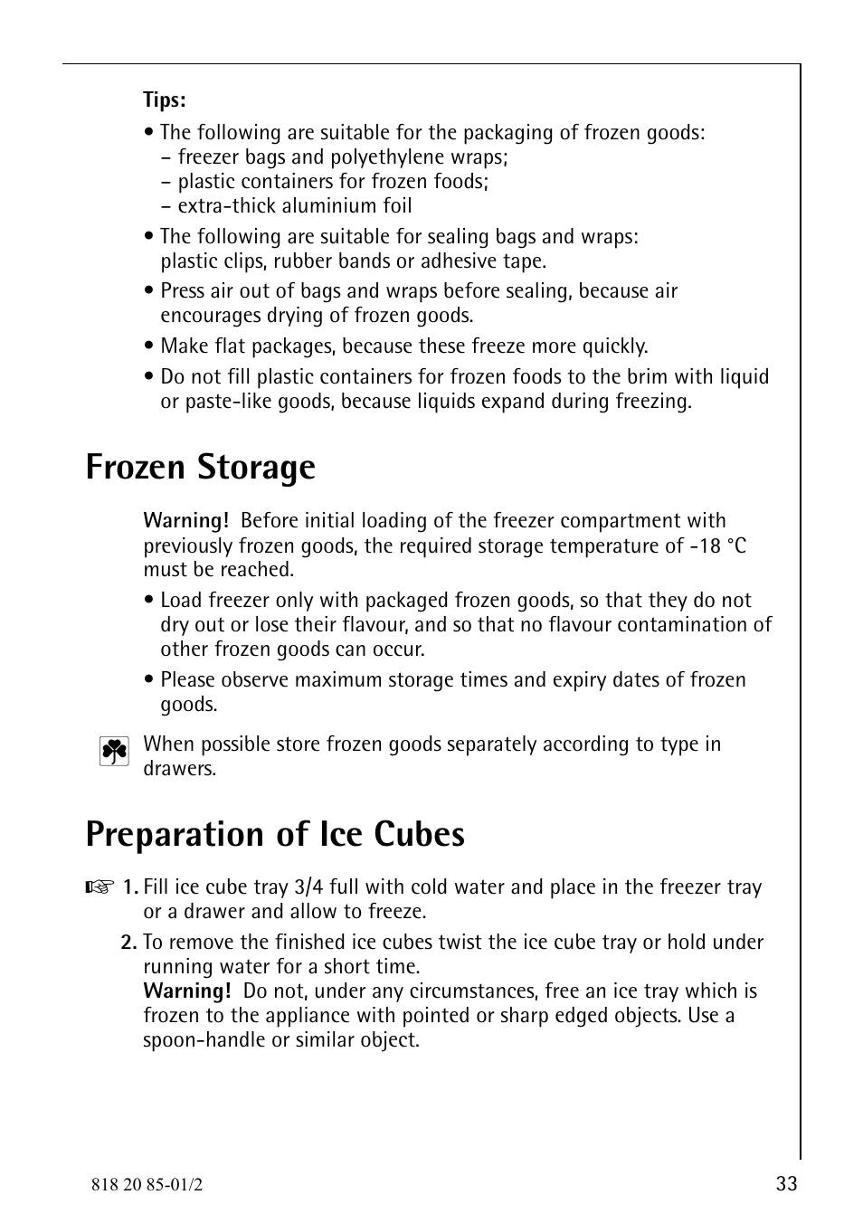 Frozen storage, Preparation of ice cubes | Electrolux 818 20 85 User Manual | Page 33 / 44