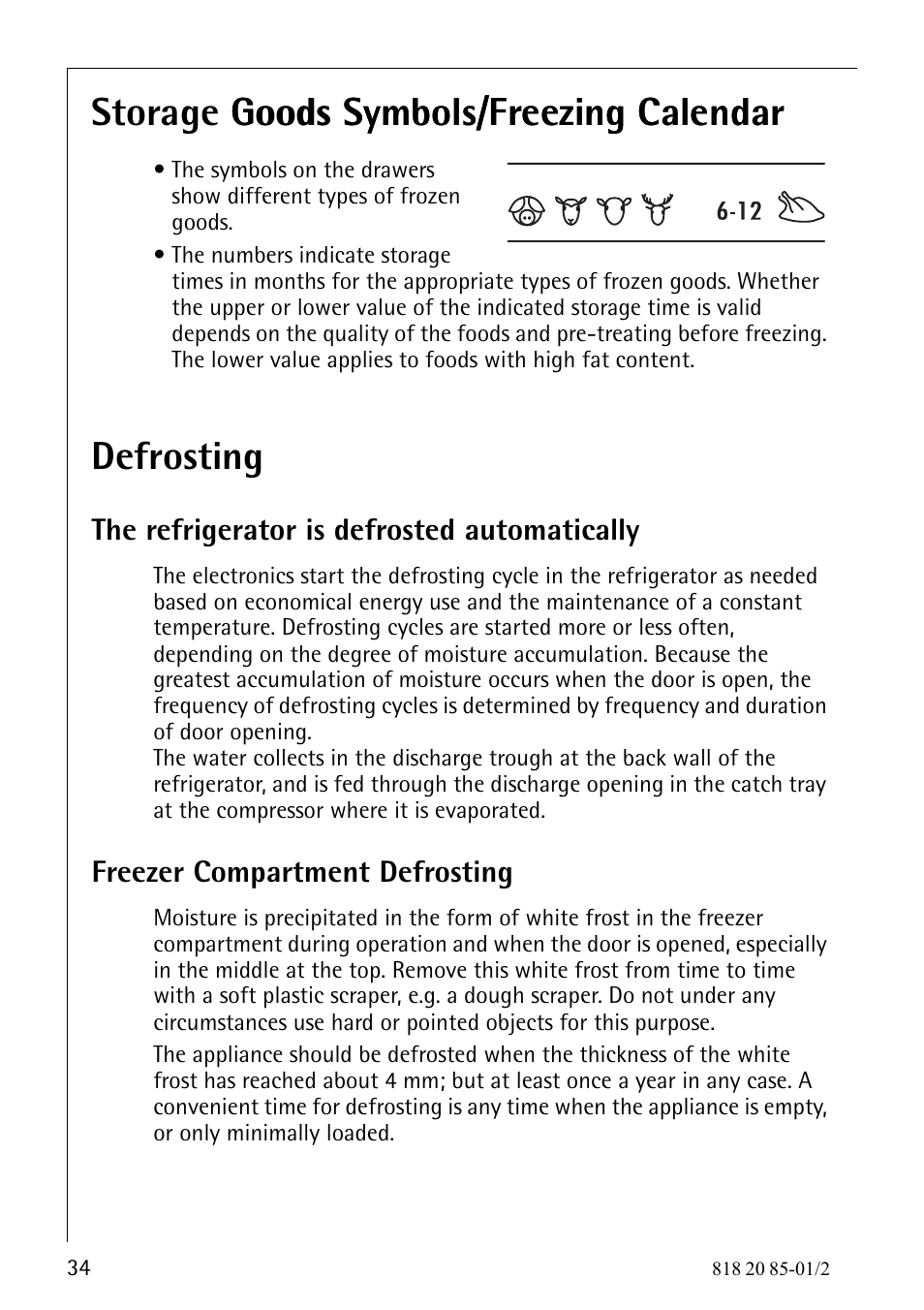 Defrosting | Electrolux 818 20 85 User Manual | Page 34 / 44
