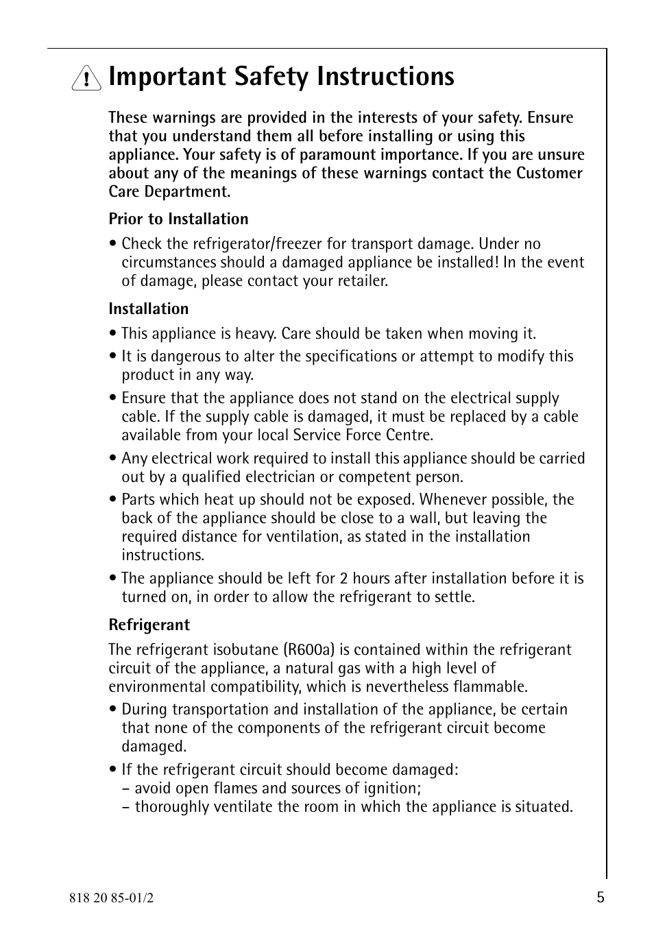 Important safety instructions | Electrolux 818 20 85 User Manual | Page 5 / 44