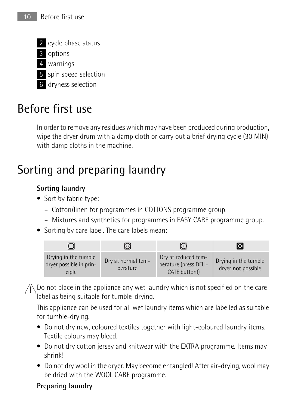 Before first use, Sorting and preparing laundry | Electrolux LAVATHERM 58840 User Manual | Page 10 / 44