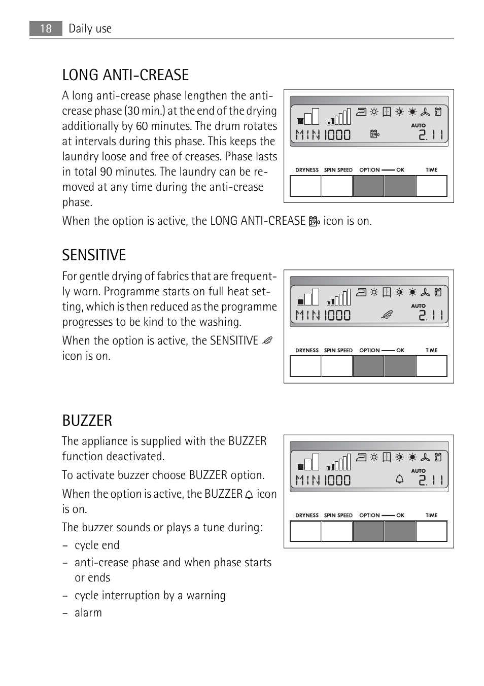 Long anti-crease, Sensitive, Buzzer | Electrolux LAVATHERM 58840 User Manual | Page 18 / 44
