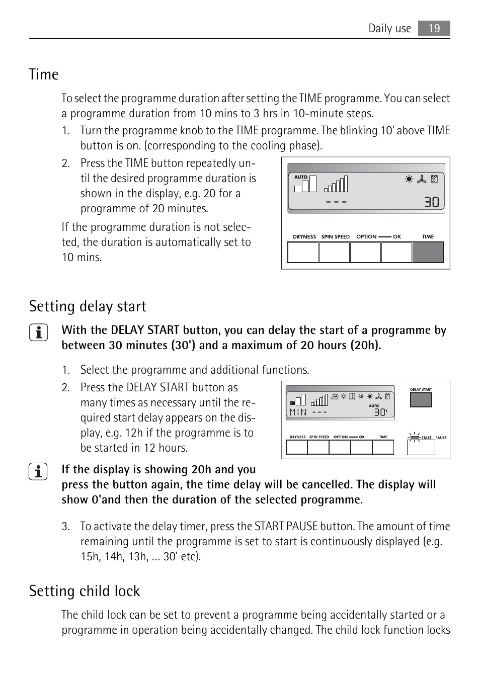 Time, Setting delay start, Setting child lock | Electrolux LAVATHERM 58840 User Manual | Page 19 / 44