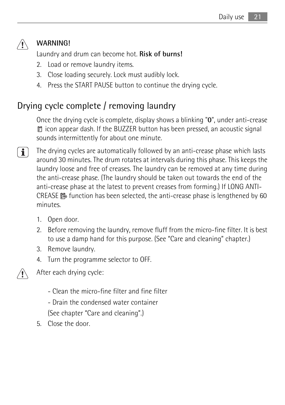 Drying cycle complete / removing laundry | Electrolux LAVATHERM 58840 User Manual | Page 21 / 44