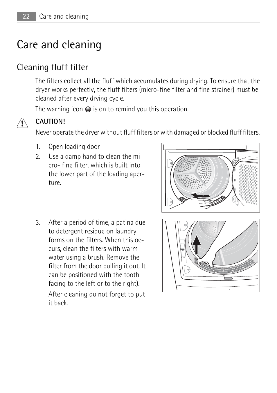 Care and cleaning, Cleaning fluff filter | Electrolux LAVATHERM 58840 User Manual | Page 22 / 44