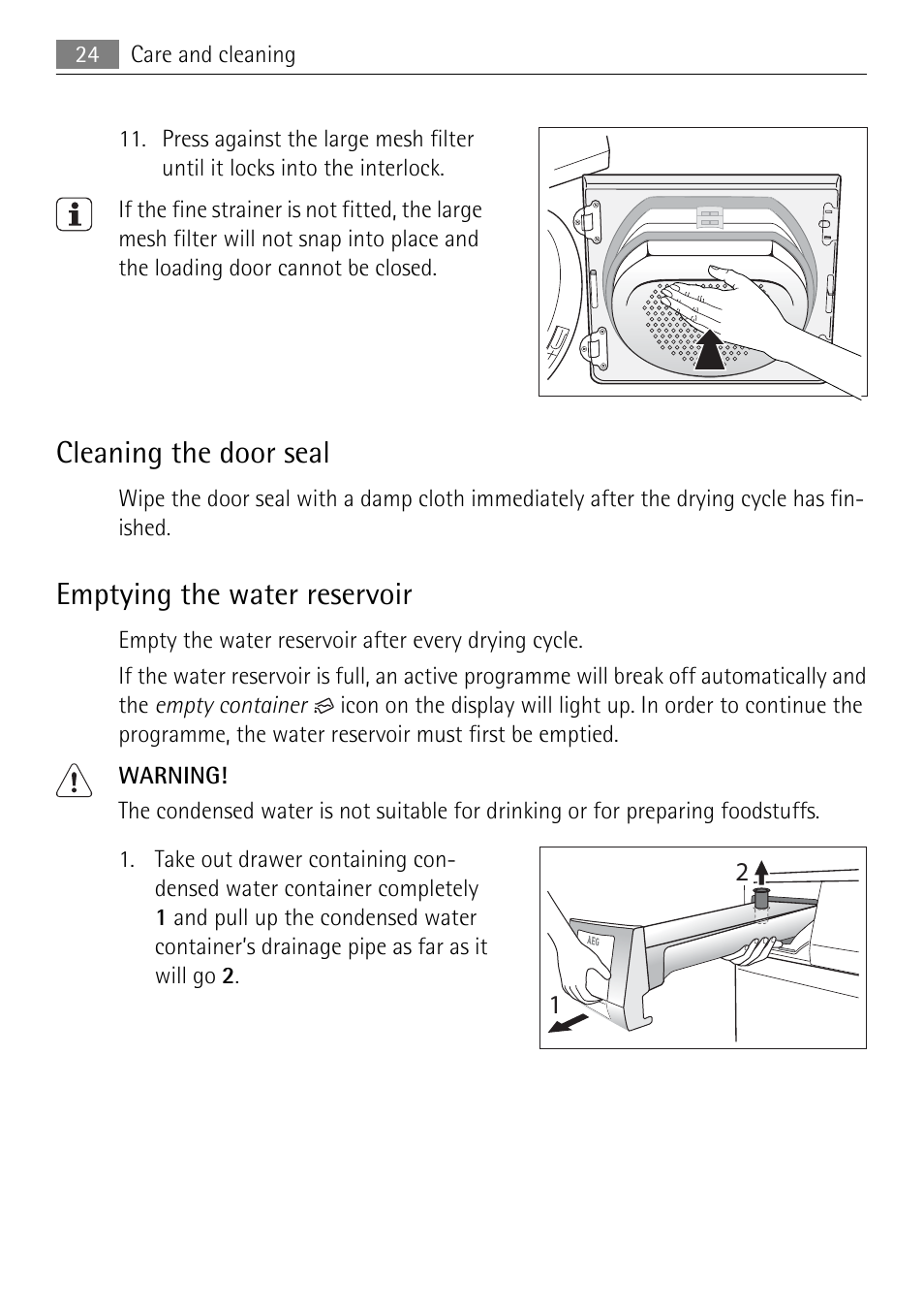 Cleaning the door seal, Emptying the water reservoir | Electrolux LAVATHERM 58840 User Manual | Page 24 / 44