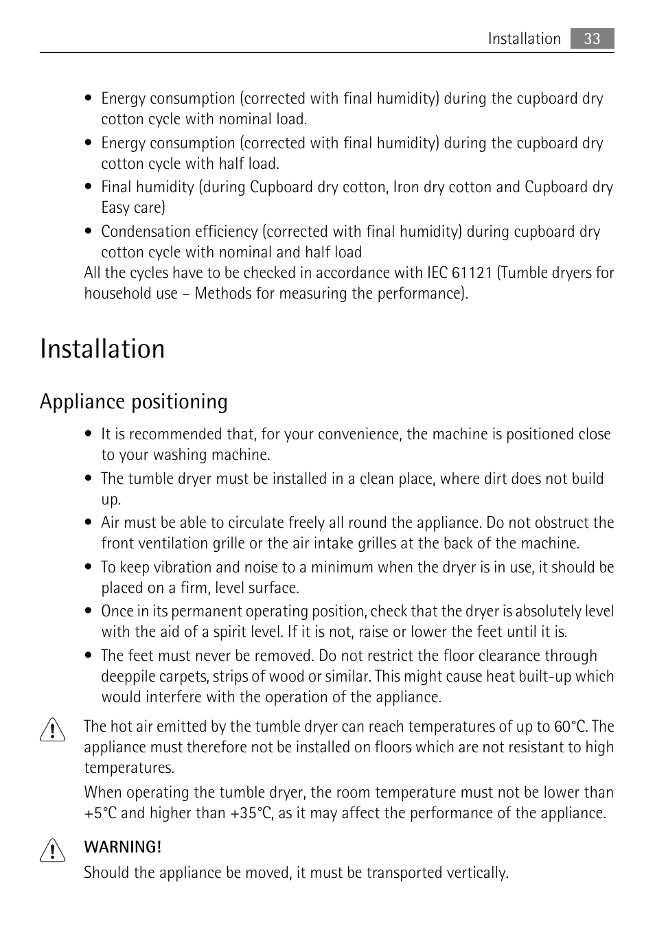 Installation, Appliance positioning | Electrolux LAVATHERM 58840 User Manual | Page 33 / 44