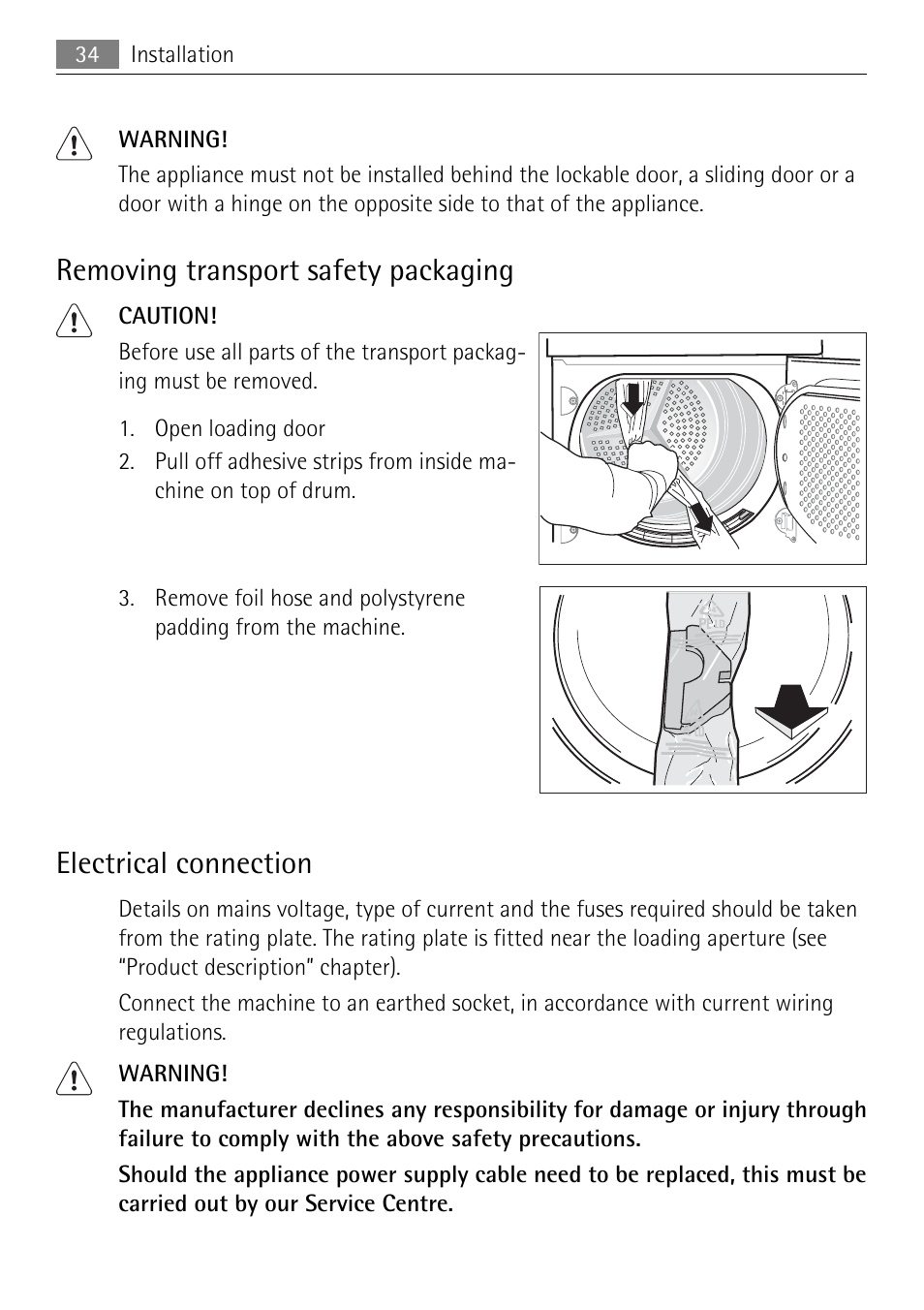 Removing transport safety packaging, Electrical connection | Electrolux LAVATHERM 58840 User Manual | Page 34 / 44