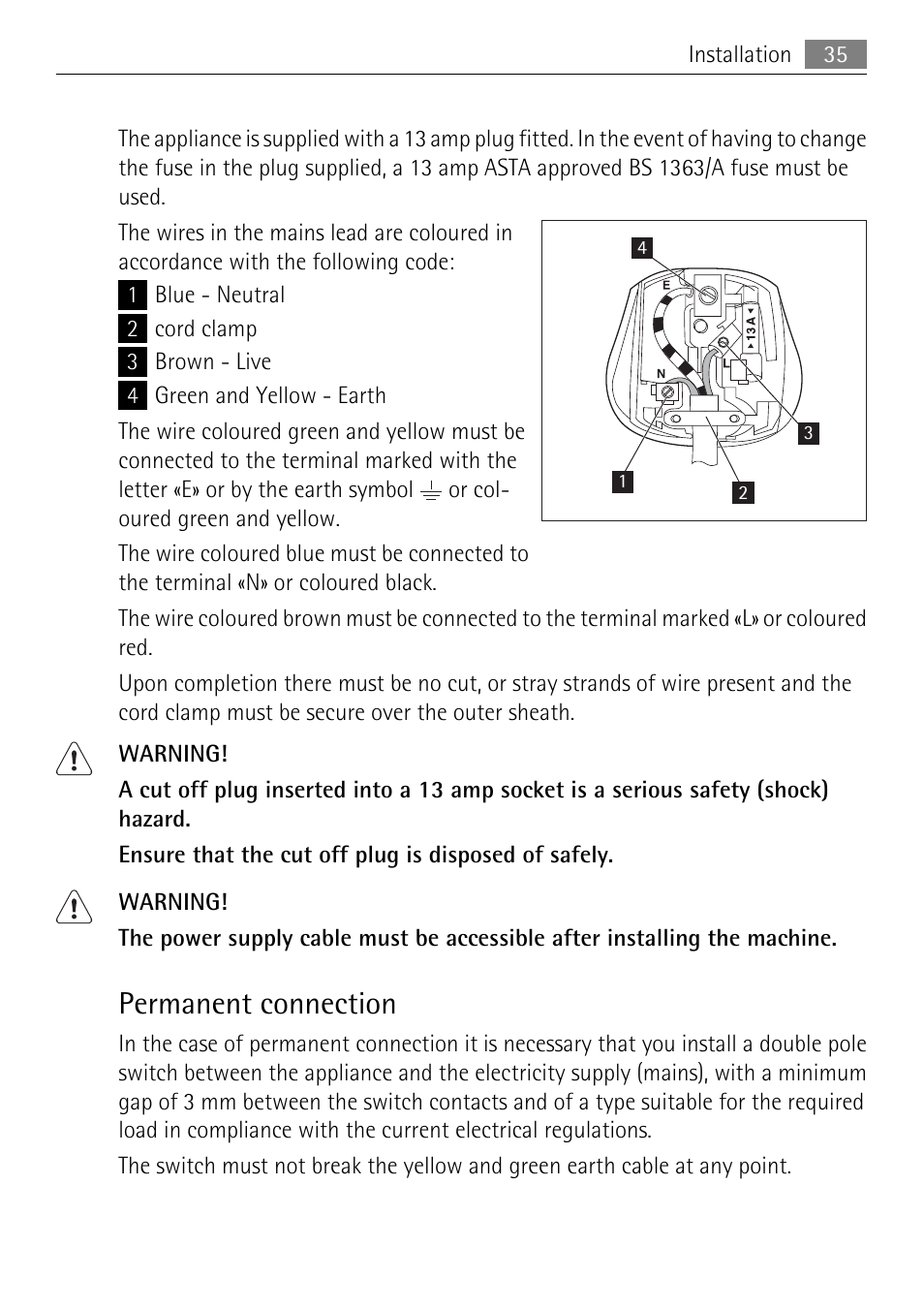 Permanent connection | Electrolux LAVATHERM 58840 User Manual | Page 35 / 44