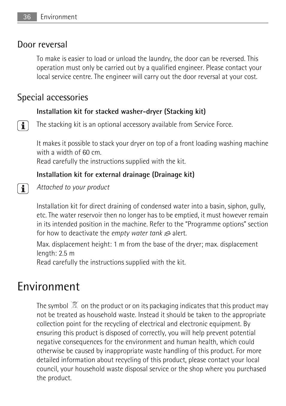 Environment, Door reversal, Special accessories | Electrolux LAVATHERM 58840 User Manual | Page 36 / 44
