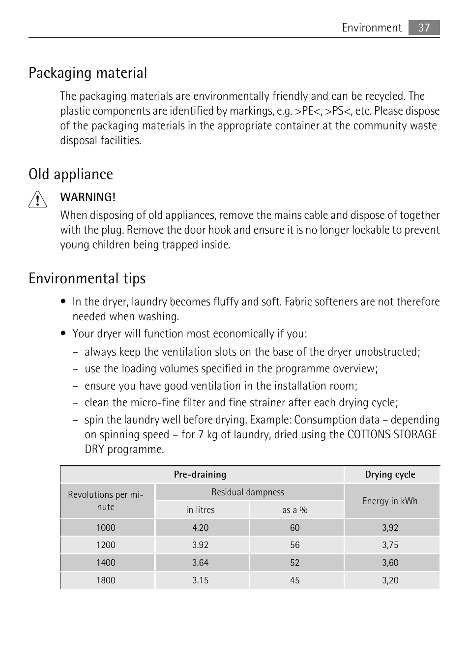 Packaging material, Old appliance, Environmental tips | Electrolux LAVATHERM 58840 User Manual | Page 37 / 44
