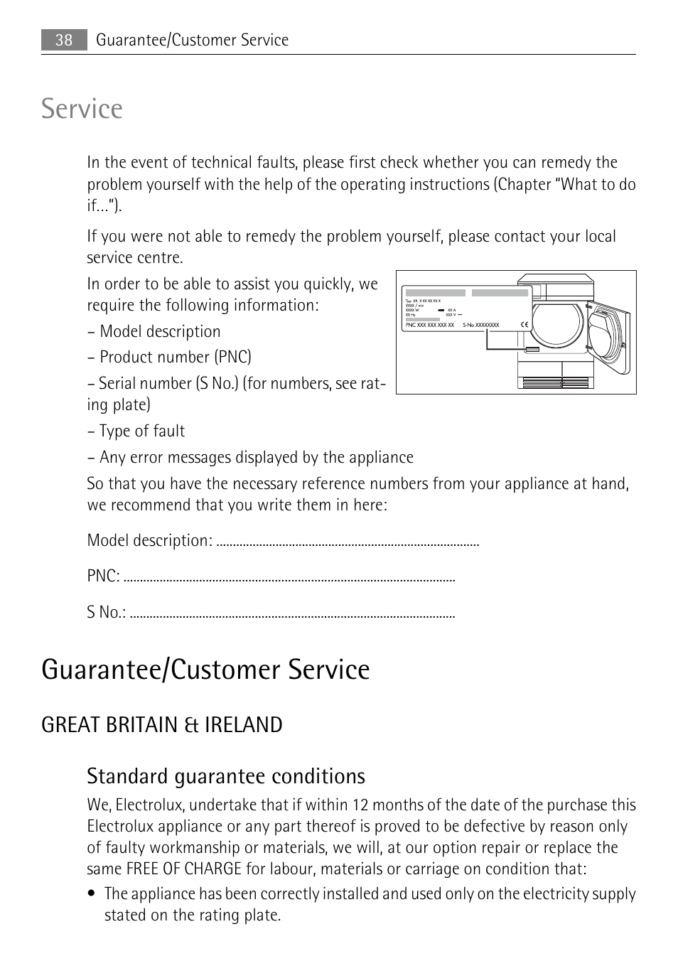Service, Guarantee/customer service | Electrolux LAVATHERM 58840 User Manual | Page 38 / 44
