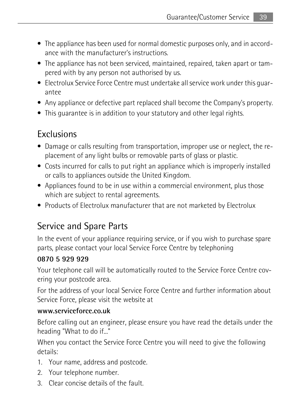 Exclusions, Service and spare parts | Electrolux LAVATHERM 58840 User Manual | Page 39 / 44